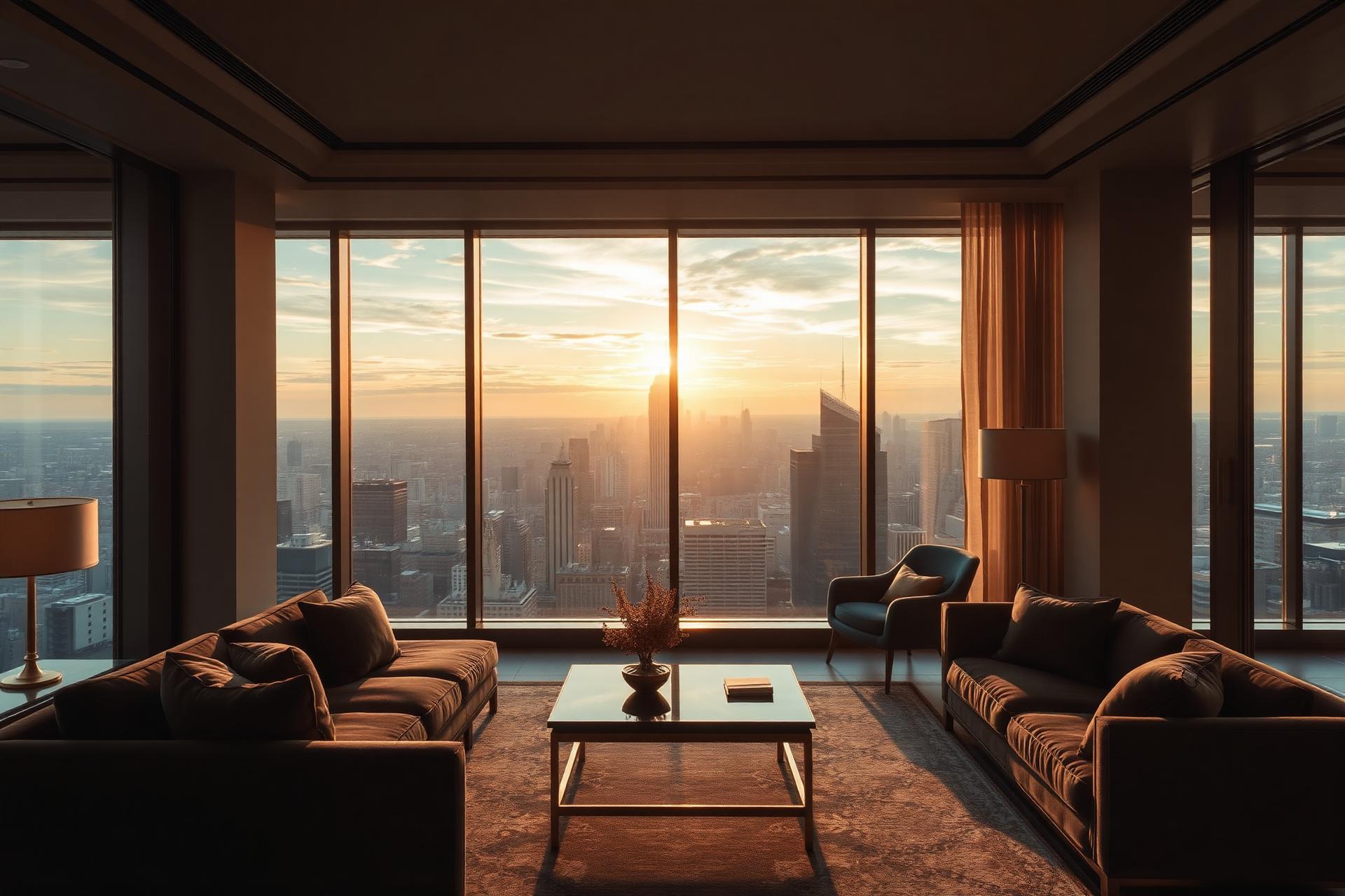 Luxury penthouse with floor-to-ceiling windows at golden hour